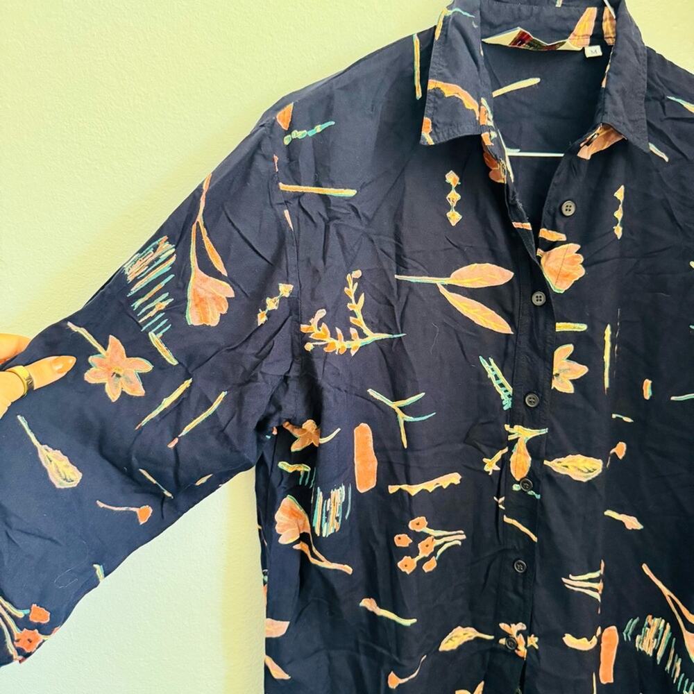 VINTAGE 90s SAND PIPER Dark Navy Blue Beige Abstract Floral Blouse Shirt Top M - Picture 6 of 14
